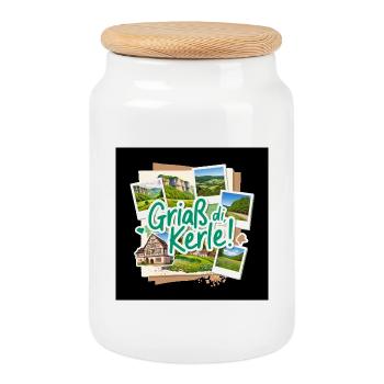 Hello guys! Bavarian landscape - Cookie Jar with Wooden Lid - white - Front