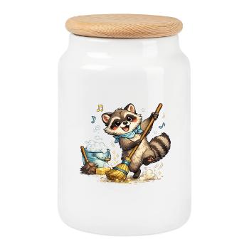 Raccoon with a colorful broom - Cookie Jar with Wooden Lid - white - Front
