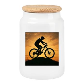 Silhouette du VTT au coucher du soleil - Boîte à biscuits avec couvercle en bois - blanc - Devant