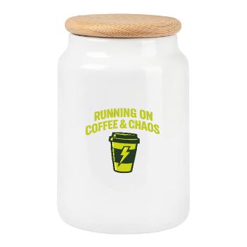 Coffee & Chaos: Running Mode - Cookie Jar with Wooden Lid - white - Front