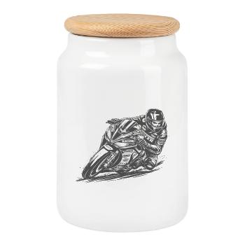 Aggressive racing motorcyclist in curve - Cookie Jar with Wooden Lid - white - Front