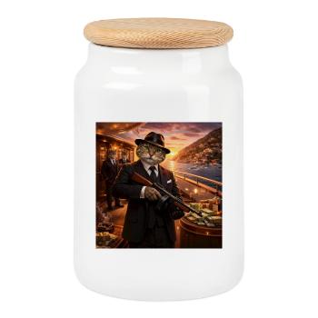 Cat gangsters on luxury yacht - Cookie Jar with Wooden Lid - white - Front