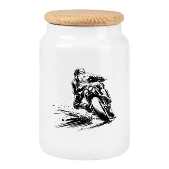 Motorcycle racer in extreme lean angle - Cookie Jar with Wooden Lid - white - Front