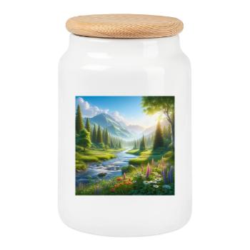 Fjälldalen's Spring Flower River - Cookie Jar with Wooden Lid - white - Front