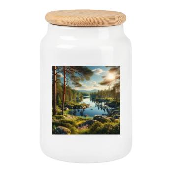 Lac forestier sous le soleil du soir - Boîte à biscuits avec couvercle en bois - blanc - Devant
