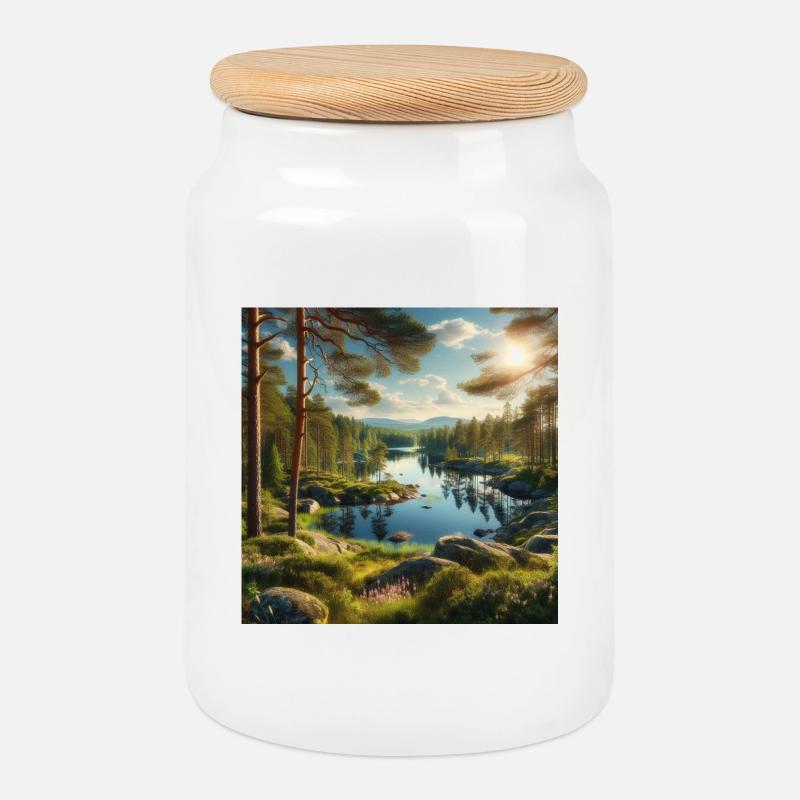 Waldsee in der Abendsonne - Keksdose mit Holzdeckel - Weiß