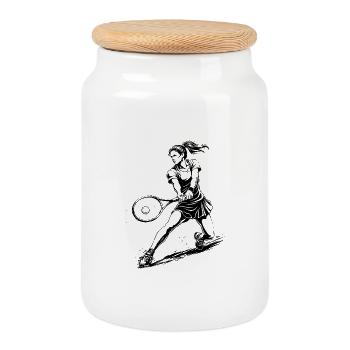 Tennis Player Action Illustration - Cookie Jar with Wooden Lid - white - Front