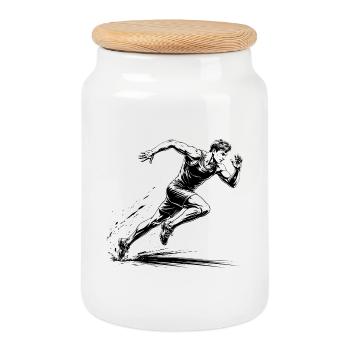 100m Sprinter Action Illustration - Cookie Jar with Wooden Lid - white - Front