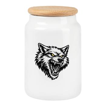 Angry Wolf Head – Aggressive Wolf Design - Cookie Jar with Wooden Lid - white - Front