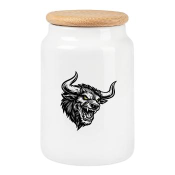 Angry Bull Head – Aggressive Bull Logo - Cookie Jar with Wooden Lid - white - Front