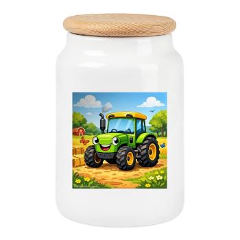 Fröhlicher Grüner Traktor auf Feld - Keksdose mit Holzdeckel - Weiß - Vorne