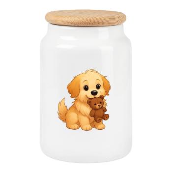 Fluffy Finds Lost Toy - Cookie Jar with Wooden Lid - white - Front