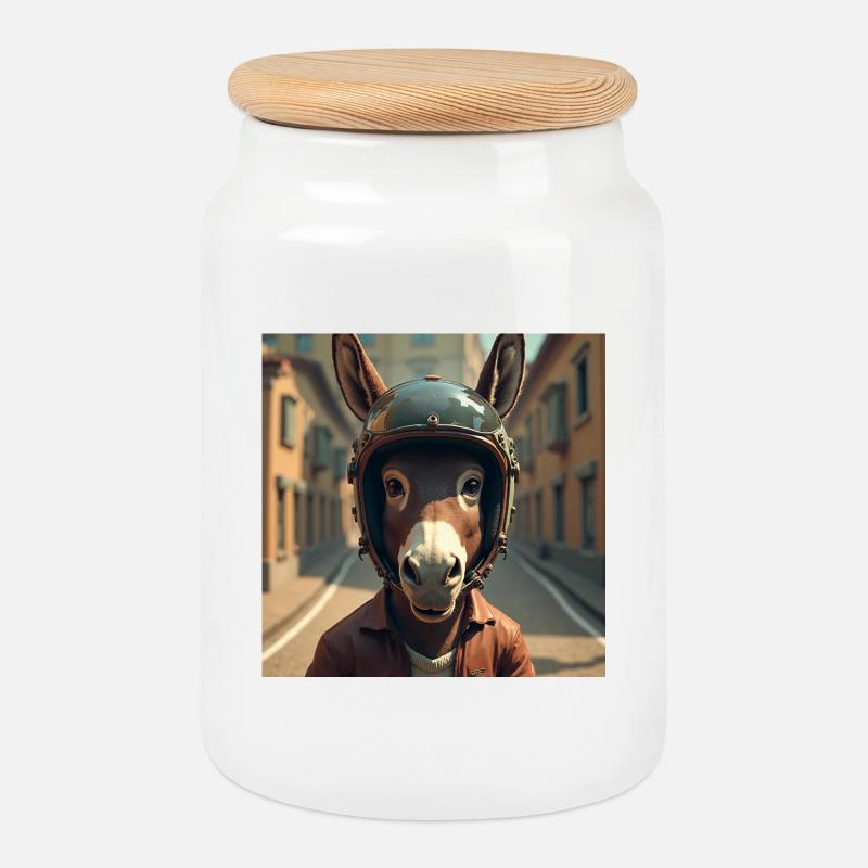 Biker donkey - Cookie Jar with Wooden Lid - white