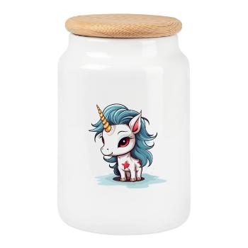 Blue-haired unicorn with stars - Cookie Jar with Wooden Lid - white - Front