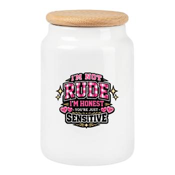 Not rude, honest – sensitive - Cookie Jar with Wooden Lid - white - Front