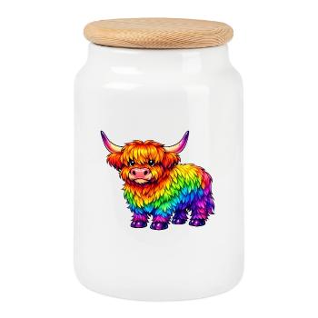 Lebendige Regenbogen-Highland-Kuh - Keksdose mit Holzdeckel - Weiß - Vorne