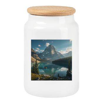 Majestic mountain lake in the forest - Cookie Jar with Wooden Lid - white - Front
