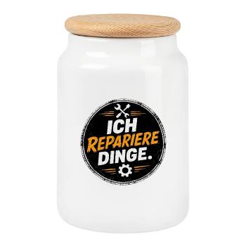Ich repariere Dinge – Handwerk Spruch - Keksdose mit Holzdeckel - Weiß - Vorne