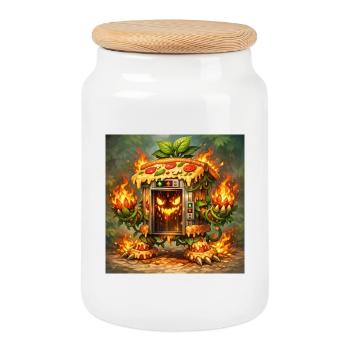 Pizza Fire Oven Monster - Cookie Jar with Wooden Lid - white - Front