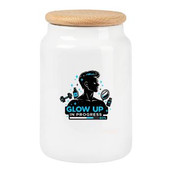 Glow Up Self Optimization Gym Skincare Saying - Cookie Jar with Wooden Lid - white - Front