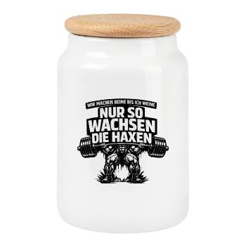 Wir machen Beine, Weine Nur so wachsen die Haxen - Keksdose mit Holzdeckel - Weiß - Vorne