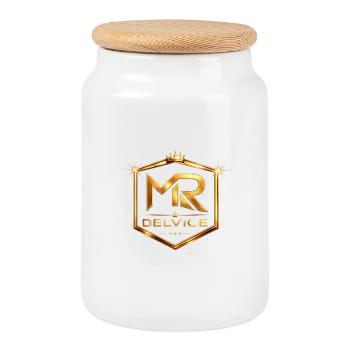 Emblème doré MR Delvice - Boîte à biscuits avec couvercle en bois - blanc - Devant