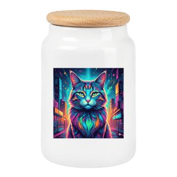 Chat néon - Boîte à biscuits avec couvercle en bois - blanc - Devant