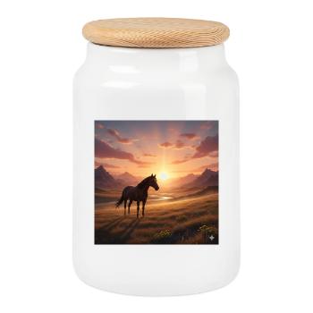 Cheval du coucher de soleil dans la vallée montagneuse - Boîte à biscuits avec couvercle en bois - blanc - Devant