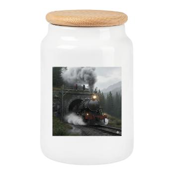 Dampfzug durch den Wald am Tunnel - Keksdose mit Holzdeckel - Weiß - Vorne