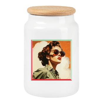 Figure féminine rétro portant des lunettes de soleil - Boîte à biscuits avec couvercle en bois - blanc - Devant
