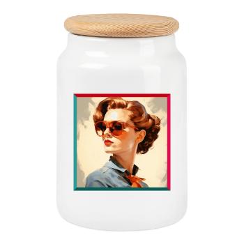 Femme rétro aux lunettes orange - Boîte à biscuits avec couvercle en bois - blanc - Devant