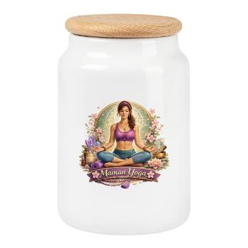 Maman Yoga Zen Fleurs Cristaux - Boîte à biscuits avec couvercle en bois - blanc - Devant