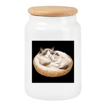 Maman chatte et son chaton dorment ensemble - Boîte à biscuits avec couvercle en bois - blanc - Devant