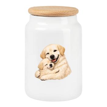 Mom and her pup cuddle together - Cookie Jar with Wooden Lid - white - Front