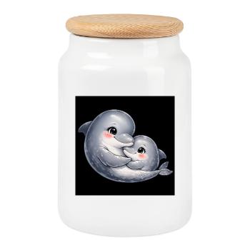 Mom dolphin and her baby cuddle together - Cookie Jar with Wooden Lid - white - Front