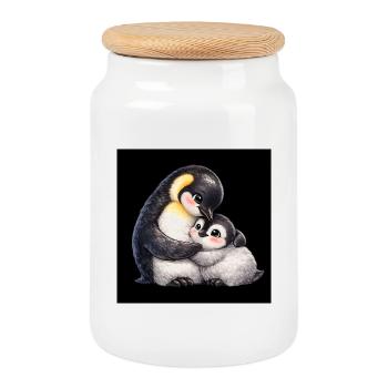Maman Pingouin câline son bébé - Boîte à biscuits avec couvercle en bois - blanc - Devant