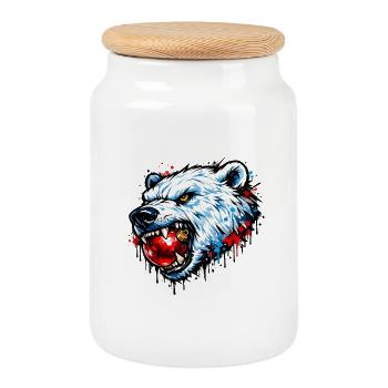 Eisbär, auf Weihnachtskugel kauend . KI generiert - Keksdose mit Holzdeckel - Weiß - Vorne