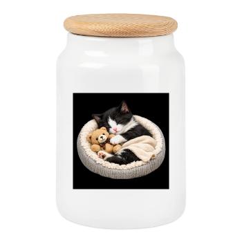 Le chaton dort avec son ours en peluche - Boîte à biscuits avec couvercle en bois - blanc - Devant