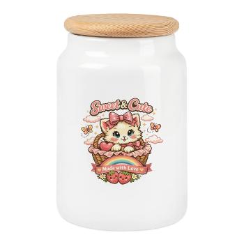 Petit chaton mignon dans le panier - Boîte à biscuits avec couvercle en bois - blanc - Devant