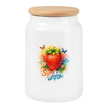 Sweet & juicy Strawberry Watercolor Art - Cookie Jar with Wooden Lid - white - Front