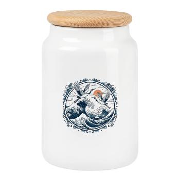 Japanese Cranes and Great Wave Zen - Cookie Jar with Wooden Lid - white - Front