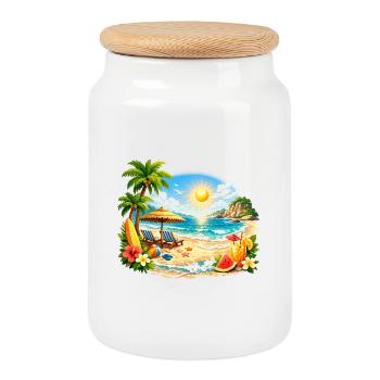 Ambiances estivales Plage tropicale Coucher de soleil - Boîte à biscuits avec couvercle en bois - blanc - Devant