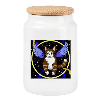 Angel cat in space. - Cookie Jar with Wooden Lid - white - Front