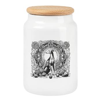 Eleganter Windhund im Art Nouveau Kreis - Keksdose mit Holzdeckel - Weiß - Vorne