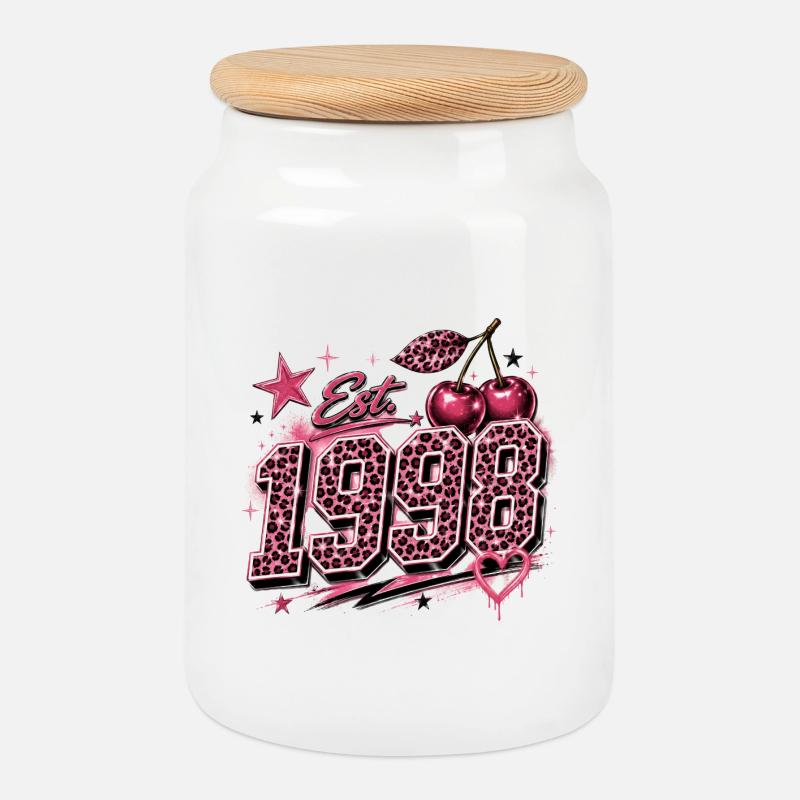 Établi en 1998 : Année de naissance du léopard rose - Boîte à biscuits avec couvercle en bois - blanc