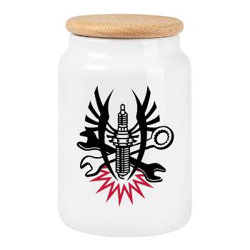 A spark plug with two wrenches - Cookie Jar with Wooden Lid - white - Front