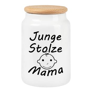 Junge, stolze Mama Geschenk Mutter Muttertag - Keksdose mit Holzdeckel - Weiß - Vorne