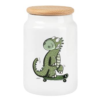 Dinosaures heureux Avec Saktebaord I Dino Fun Sport - Boîte à biscuits avec couvercle en bois - blanc - Devant