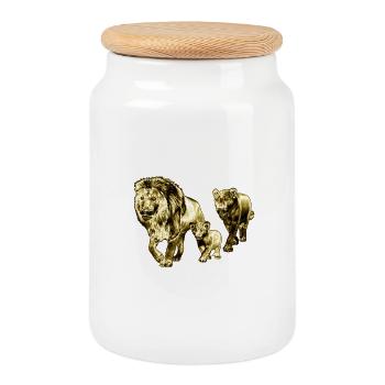 Majestic Lion Family Illustration - Cookie Jar with Wooden Lid - white - Front