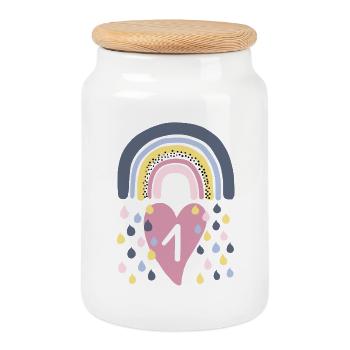 Rainbow first 1st birthday children - Cookie Jar with Wooden Lid - white - Front